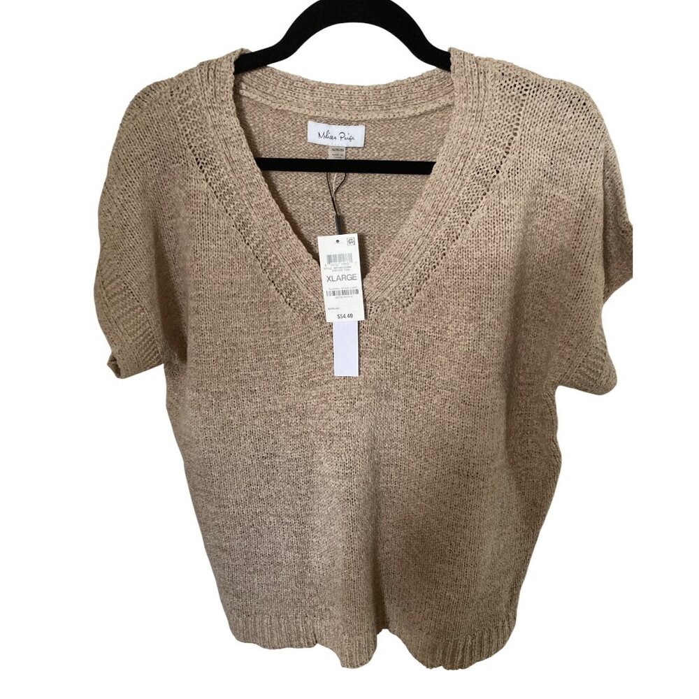 NWT MELISSA PAIGE WOMENS V-NECK SHORT-SLEEVE SW OXFORD TAN XL